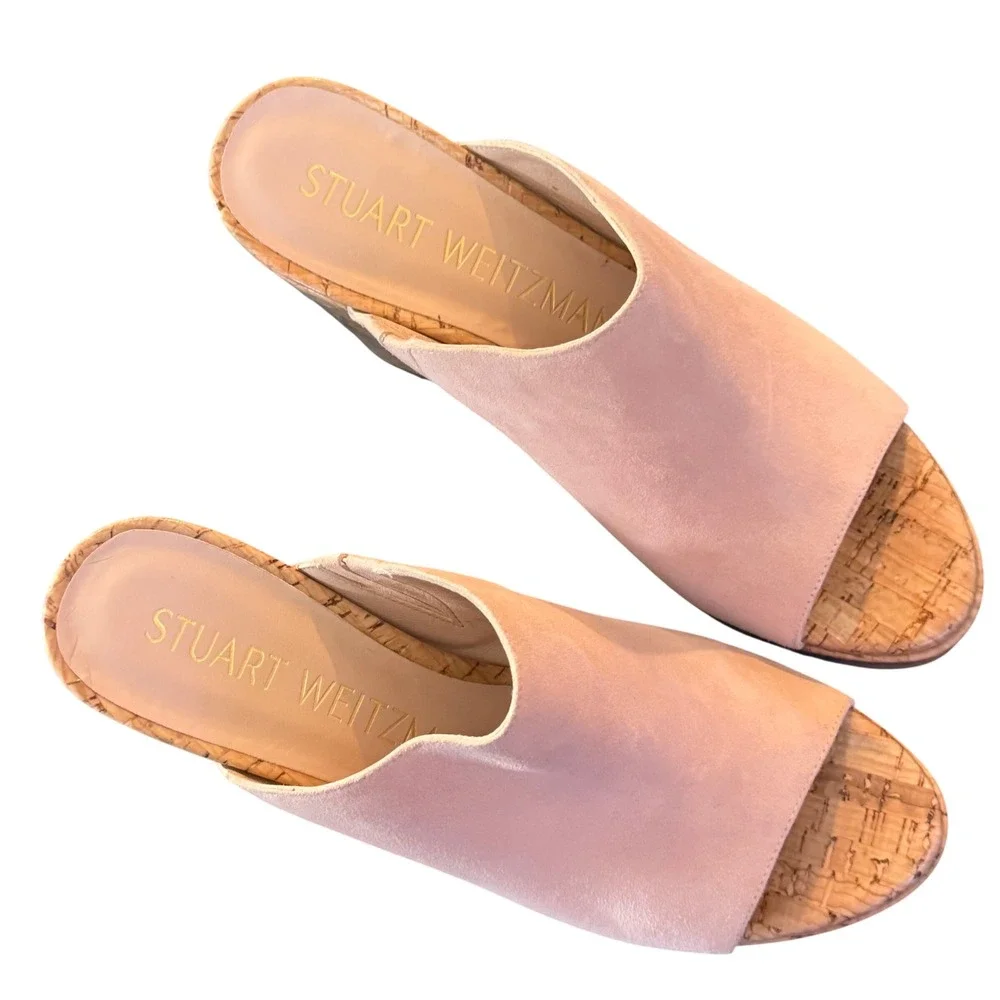 NWOT Stuart Weitzman Margarite Blush Suede Cork Wedge Platform Spain SZ7 PeepToe - Picture 5 of 9